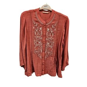 Soft Surroundings Embroidered Silk Blouse Top Coral Long Sleeve
